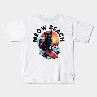 Black Cat Surfer - Meow Beach (Black Lettering) Kids T-Shirt